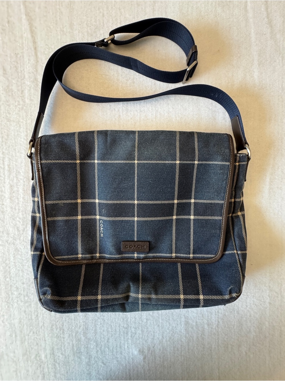 Coach Men's Navy Plaid Canvas Messenger Bag with Leather Trim